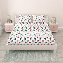 Pure Cotton Kids Bedsheet Double Bed Queen Size With 2 Pillow Covers | 90 X 100 Inches, White & Green | Fun Cartoon Theme, Soft & Breathable Fabric