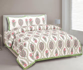 1 Queen Size Bedsheet For Double Bed With 2 Pillow Covers (90 X 108 Inches) Off White & Green | Beautiful Printed Designs - Breathable 100% Cotton Bedsheet Comfortable