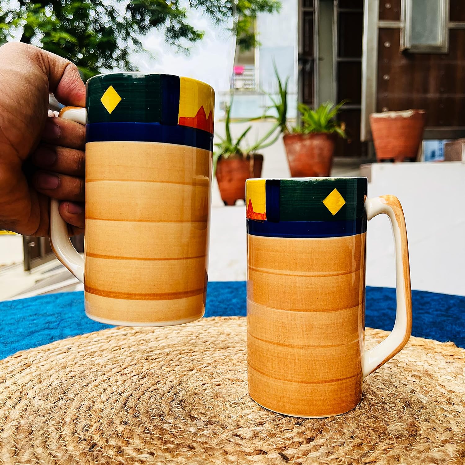 Hand Painted Boho Fiesta Jumbo Ceramic Coffee Mug Set Of 2 - 500ml Each | Milk Mugs & Ceramic Beer Mugs - Large Mugs | Microwave Safe & Dishwasher Safe Hand Painted Boho Fiesta Jumbo Ceramic Coffee Mug Set Of 2 - 500ml Each | Milk Mugs & Ceramic Beer Mugs - Large Mugs | Microwave Safe & Dishwasher Safe