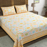 Hand Block Printed Cotton King Size Bedsheet With 2 Pillow Covers, 90 X 108 Inches, Yellow | Good For Villas, Guest Houses, & Daily Home Use