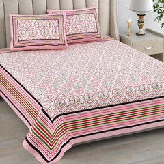 Bedsheet For Queen Bed With 2 Pillow Covers - 90 X 108 Inches, White & Pink | Pure Cotton Traditional Jaipuri Printed | Ideal For Both Everyday Use & Special Events