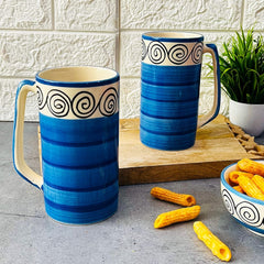 Hand Painted Blue Swirl Jumbo Ceramic Coffee Mug Set Of 2 - 500ml Each | Milk Mugs & Ceramic Beer Mugs Set Of 2 Large Mugs - Microwave Safe & Dishwasher Safe