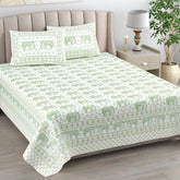 1 Queen Size Bedsheet For Double Bed With 2 Pillow Covers (90 X 108 Inches) Green & White | Premium Cotton Material - Ideal For House, Hotel, Guest House