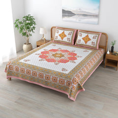Traditional Rajasthani Cotton Bedsheet For King Size With 2 Matching Pillow Cover | 90 X 108 Inches, Rose Pink & White | Soft & Comfortable Fabric