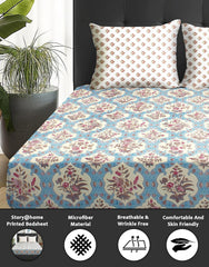 1 Piece Microfiber Bedsheet For Double Bed With 2 Pillow Covers - 88 X 98 Inches, Blue & Beige | Cotton Bedsheet, Breathable & Wrinkle Free
