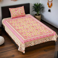 Single Bedsheet Cotton With 1 Pillow Cover, 60 X 90 Inches, Yellow & Pink | Resistant For All-Season Use | Breathable & Lightweight & Easy To Wash At Home