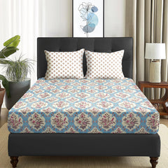 1 Piece Microfiber Bedsheet For Double Bed With 2 Pillow Covers - 88 X 98 Inches, Blue & Beige | Cotton Bedsheet, Breathable & Wrinkle Free