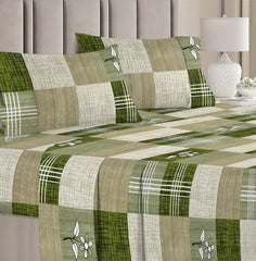Printed Double Bedsheets With 2 Regular Size Pillow Covers - 86 X 88 Inches, Light Green & White | Collections Soft Breathable Wrinkle Free Texture - Floral Cheks Bedsheet