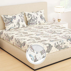 Fitted Bedsheets King Size With 2 Pillow Cover - 72 X 72 Inches, Ivory | All Around Elastic Bedsheet - Crafted From Soft, Breathable Fabric