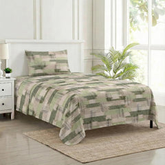 Cotton Printed Single Flat Bedsheet With 1 Pillow Cover - 60 X 100 Inches, Beige & Green | Breathable & Skin Friendly Bedsheet | Ideal For Year Round Use