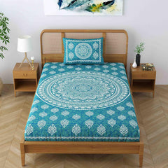 Single Bedsheet With 1 Pillow Covers - 54 X 84 Inches, Sea Green | Long Lasting & Soft 120 Thread Count Bedsheet | Traditional Jaipuri Printed Bedsheet