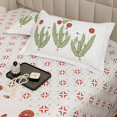 1 Piece Cotton Bedsheet For King Size With 1 Pillow Cover - 108 X 108 Inches, White & Green | Soft & Durable For Everyday Use & Bedroom - All Season Comfort