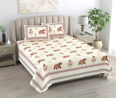 Bedsheet For Queen Bed With 2 Pillow Covers - 90 X 108 Inches, Cream & Maroon | Pure Cotton Traditional Jaipuri Printed | Ideal For Both Everyday Use & Special Events