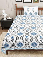 Cotton Single Bedsheet For Single Bed With 1 Pillow Cover - 60 X 90 Inches, White & Blue | 240 Thread Count - Breathable & Lightweight | Perfect For All-Season Use