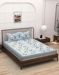 Traditional Rajasthani Design Bedsheet With 2 Pillow Covers - 90 X 108 Inches, Grey & Blue | Color Fade Resistant & Shrinkage Resistant For All-Season Use