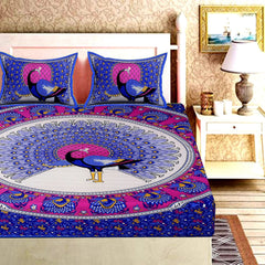 Rajasthani Jaipuri Bedsheets For Double Bed King Size With 2 Pillow Cover - 90 X 100 Inches, Blue & Pink | Skin Friendly Fabric With Vibrant Colors