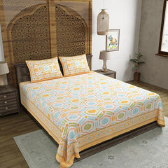 Hand Block Printed Cotton King Size Bedsheet With 2 Pillow Covers, 90 X 108 Inches, Yellow | Good For Villas, Guest Houses, & Daily Home Use