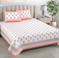 Hand Printed Cotton Bedsheet For King Size With 2 Pillow Covers | 90 X 108 Inches, Pink & White | Ultra-Soft & Skin-Safe | Breathable Summer Comfort
