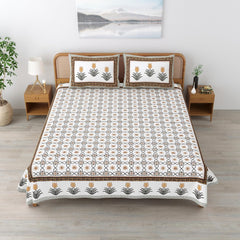 Sanskriti Bedsheet For Double Bed King Size With 2 Pillow Cover - 90 X 108 Inches, White & Brown | Soft, Durable & Stylish | Breathable & Skin-Friendly