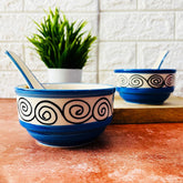 Blue Swirl Hand Painted Handled Ceramic Soup Bowls With Spoons Set Of 2 - 300ml Each | Serving Bowls With Matching Spoons | Ceramic Soup Cups - 2 Pieces, Microwave Safe & Dishwasher Safe