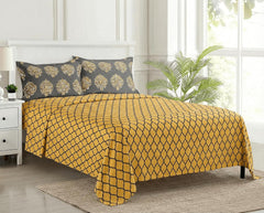 Jaipuri Design Cotton King Size Printed Bedsheet With 2 Pillow Covers - 108 X 108 Inches, Grey & Mustard | Ideal For Home Use & Perfect For Gifting On Weddings, Housewarmings & Festivals