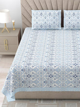 1 Queen Size Bedsheet For Double Bed With 2 Pillow Covers (90 X 108 Inches) Blue & White | Premium Cotton Material - Ideal For House, Hotel, Guest House