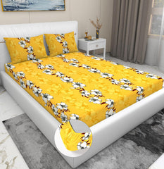 Luxurious Glace Cotton Super Soft Bedsheets King Size Bed (72 X 78 X 8 Inch) With 2 Pillow Cover | All Around Elastic Fitted Bedsheets, Yellow & White