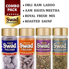 Panjon Swad Mukhwas Roasted Saunf, Imli Ram Ladoo, Royal Fresh Mix, Khatta Meetha Aam Papad 440gm, (110gm *4 Bottles)