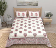 100% Cotton Jaipuri Bedsheet For King Size (90 X 103 Inches, Cream & Pink) With 2 Pillow Covers | Perfect For Everyday Use, Guest Rooms, Or Gifting On Special Occasions