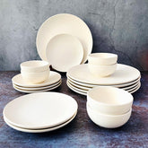 Subhra Handcrafted Ceramic Dinner Set - 18 Pieces | 6 Dinner Plates + 6 Katori Bowls, 180ml Each+ 6 Quarter Plates | Matte Finish White Dinnerware Set | Serving For 6, Microwave Safe