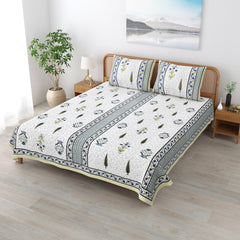 Traditional Rajasthani Cotton Bedsheet For King Size With 2 Matching Pillow Cover | 90 X 108 Inches, Green & White | Soft & Comfortable Fabric