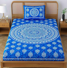 Single Bedsheet With 1 Pillow Covers - 54 X 84 Inches, Blue | Long Lasting & Soft 120 Thread Count Bedsheet | Traditional Jaipuri Printed Bedsheet