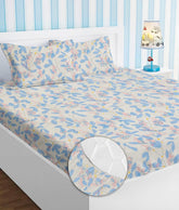 Microfiber All Round Elastic Fitted Bedsheets For Double Bed With 2 King Size Pillow Covers | 72x78+8 Inches, Off White & Blue - Premium Brushed Microfiber Bedsheet, Breathable & Long Lasting