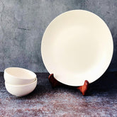 Subhra Handcrafted Ceramic Dinner Set - 3 Pieces | 1 Dinner Plate + 2 Katori Bowls, 180ml Each | Matte Finish White Dinnerware Set | Serving For 1, Microwave Safe