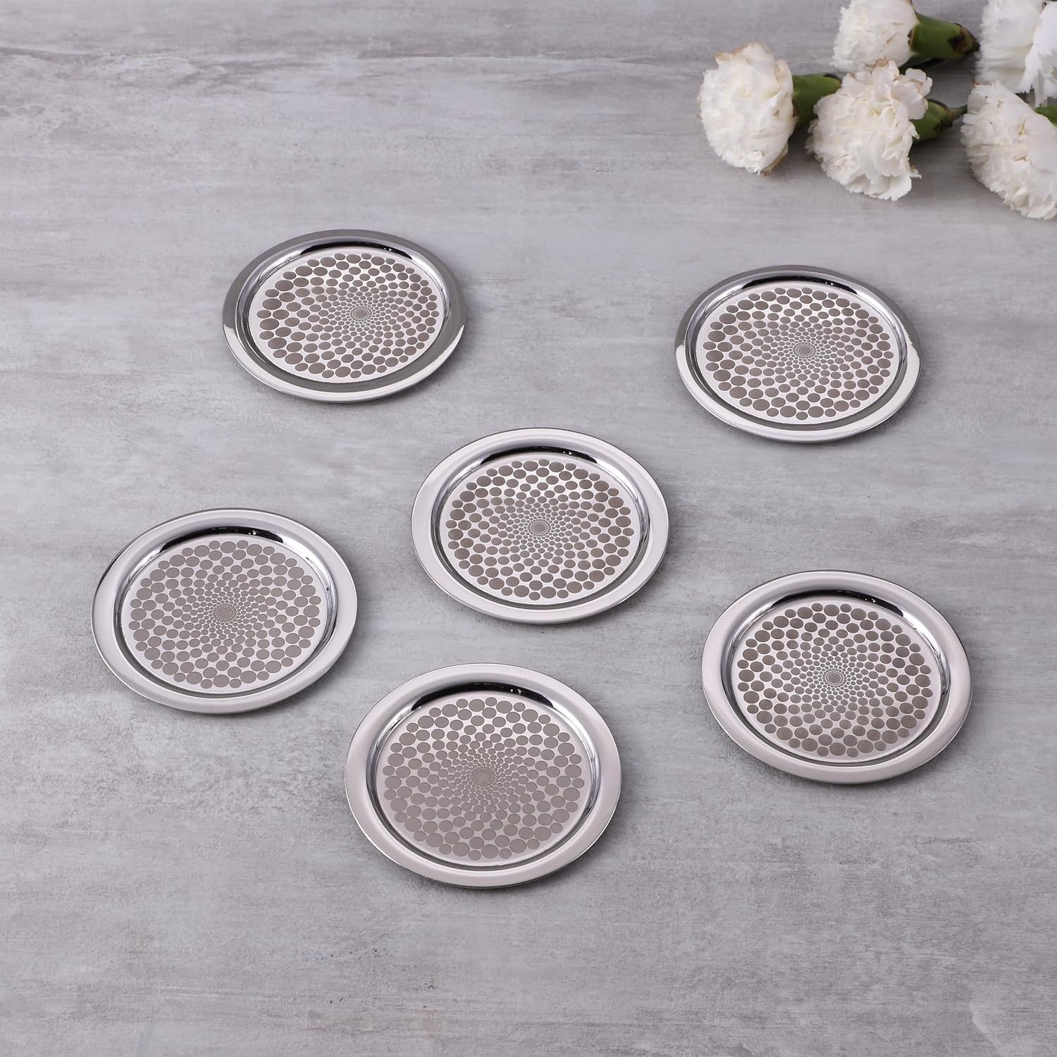 Stainless Steel Polka Flower Tumbler Coaster 6 Pcs Set | Coasters For Tumbler - Kitchen Dining Serving & Desk Coaster Stainless Steel Polka Flower Tumbler Coaster 6 Pcs Set | Coasters For Tumbler - Kitchen Dining Serving & Desk Coaster