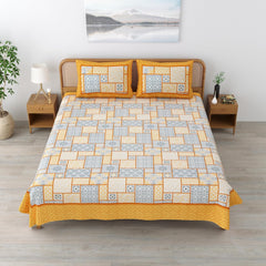 Traditional Rajasthani Cotton Bedsheet For King Size With 2 Matching Pillow Cover | 90 X 108 Inches, Mustard Yellow | Soft & Comfortable Fabric