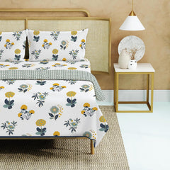 Bedding Set Blanket With 1 Cotton Double Bedsheet - 2 Pillow Covers | 88 X 100 Inches, White & Yellow - Breathable, Lightweight, Reversible, Skin Friendly, Wrinkle Resistant