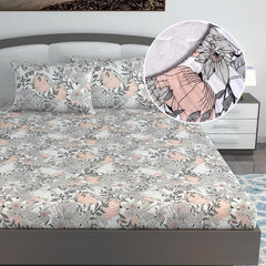 Printed King Size Double Bedsheet With 2 Pillow Cover For Bedroom | 72 X 78 Inches, Grey & Peach - All Around Elastic Fitted | Ideal For Everyday Use