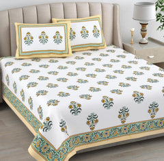 Hand Printed Cotton Bedsheet For King Size With 2 Pillow Covers | 93 X 108 Inches, White & Yellow | Ultra-Soft & Skin-Safe | Breathable Summer Comfort