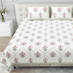 Pure Cotton King Size Bedsheet 2 Matching Pillow Covers | 100x108 Inches, Pink & White | Traditional Jaipuri Printed Bedsheet | Ideal Wedding Gift, Housewarming, Special Occasion Surprise