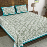 Hand Block Printed Cotton King Size Bedsheet With 2 Pillow Covers, 106 X 106 Inches, Teal Green | Good For Villas, Guest Houses, & Daily Home Use