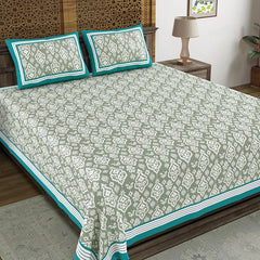 Hand Block Printed Cotton King Size Bedsheet With 2 Pillow Covers, 106 X 106 Inches, Teal Green | Good For Villas, Guest Houses, & Daily Home Use
