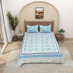 Traditional Rajasthani Design Bedsheet With 2 Pillow Covers - 90 X 108 Inches, Aqua & White | Color Fade Resistant & Shrinkage Resistant For All-Season Use