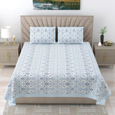 1 Queen Size Bedsheet For Double Bed With 2 Pillow Covers (90 X 108 Inches) Sky Blue & White | Beautiful Printed Designs - Breathable 100% Cotton Bedsheet Comfortable
