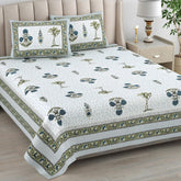 1 Queen Size Bedsheet For Double Bed With 2 Pillow Covers (90 X 108 Inches) Blue & Green | Premium Cotton Material - Ideal For House, Hotel, Guest House