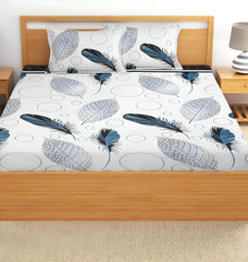 Printed King Size Bedsheet With 2 Matching Pillow Covers - 90 X 90 Inches, White & Teal | Durable & Long-Lasting | Naturally Soft, Breathable, & Skin-Friendly