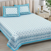 1 Queen Size Bedsheet For Double Bed With 2 Pillow Covers (90 X 108 Inches) White & Sky Blue | Beautiful Printed Designs - Breathable 100% Cotton Bedsheet Comfortable