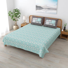Traditional Rajasthani Cotton Bedsheet For King Size With 2 Matching Pillow Cover - 90 X 108 Inches, Sky Blue & White | Soft & Comfortable Fabric