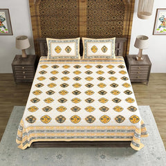Traditional Hand Block Printed Cotton King Size Bedsheet With 2 Pillow Covers, 90 X 108 Inches, Yellow | Vibrant Bedding For Stylish Bedrooms