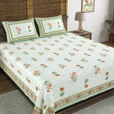 Hand Block Printed Cotton King Size Bedsheet With 2 Pillow Covers, 90 X 108 Inches, White | 200 Thread Count-Good For Villas, Resorts, Guest Houses, & Daily Home Use